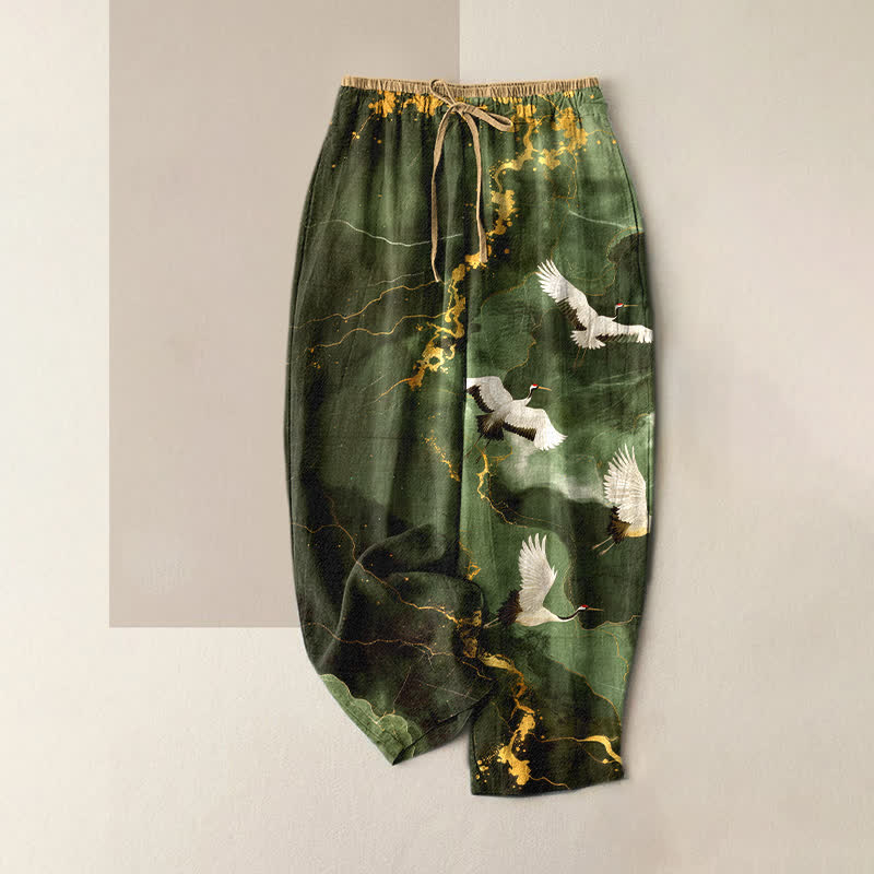 Buddha Stones Elegante weiße Damenhose aus reiner Baumwolle mit Kranich-Goldmuster, elastischem Bund und Taschen - Dunkelolivgrün - US16, UK/AU20, EU48 (3XL) - image 4