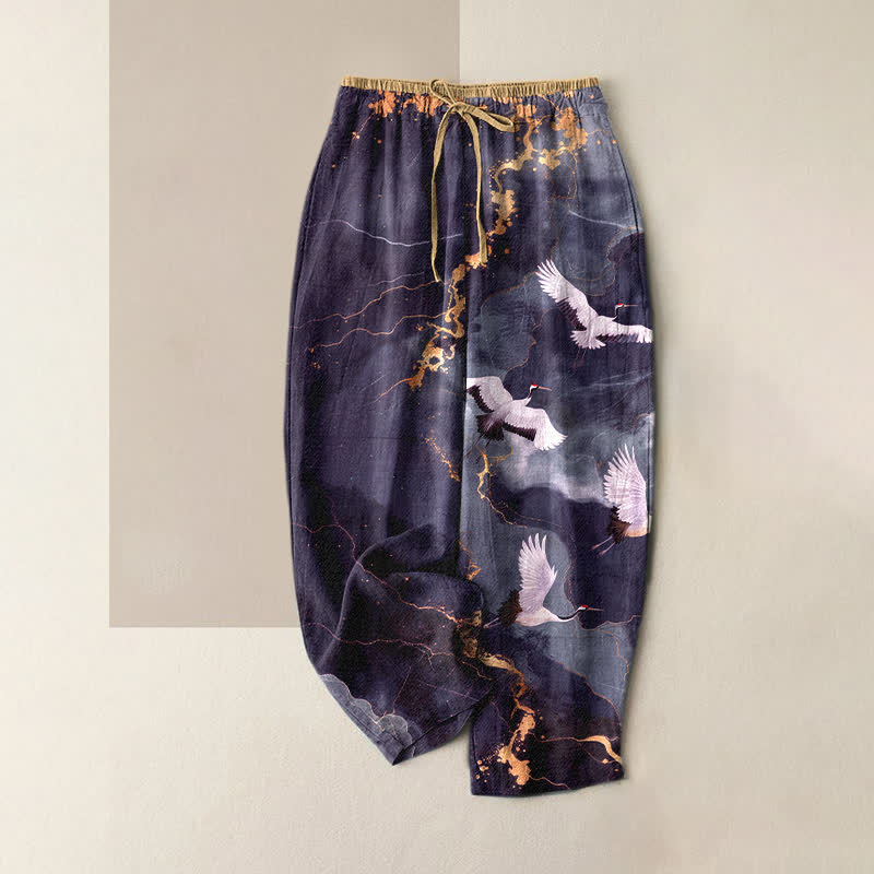 Buddha Stones Elegante weiße Damenhose aus reiner Baumwolle mit Kranich-Goldmuster, elastischem Bund und Taschen - Blauviolett - US16, UK/AU20, EU48 (3XL) - image 5