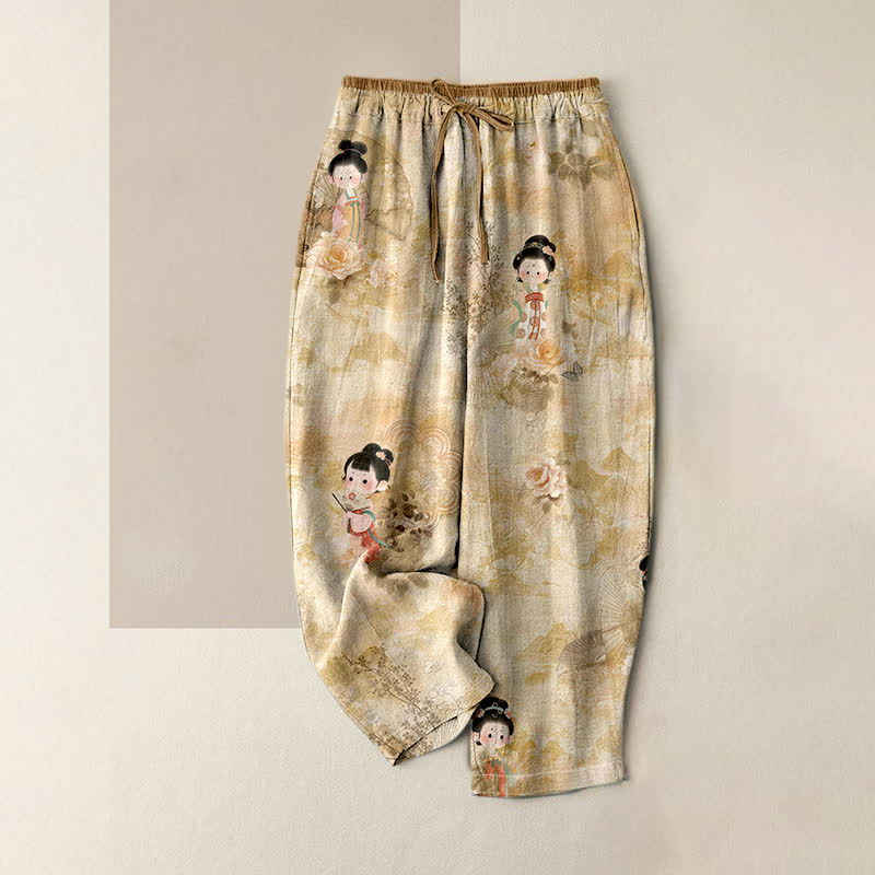 Buddha Stones Damenhose aus reiner Baumwolle mit Vintage-Geisha-Blumenmuster, elastischem Bund und Taschen - BurlyWood - US16, UK/AU20, EU48 (3XL) - image 0