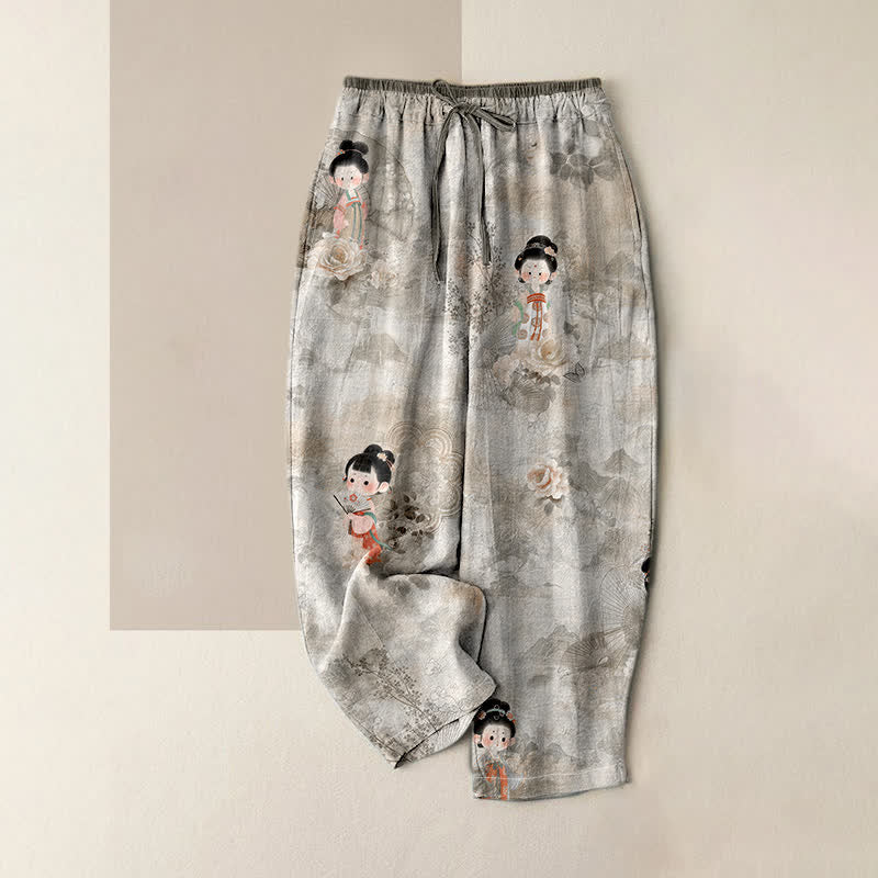 Buddha Stones Damenhose aus reiner Baumwolle mit Vintage-Geisha-Blumenmuster, elastischem Bund und Taschen - Silber - US16, UK/AU20, EU48 (3XL) - image 3