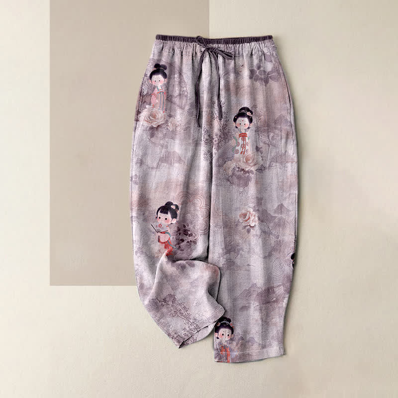 Buddha Stones Damenhose aus reiner Baumwolle mit Vintage-Geisha-Blumenmuster, elastischem Bund und Taschen - Pflaume - US16, UK/AU20, EU48 (3XL) - image 4