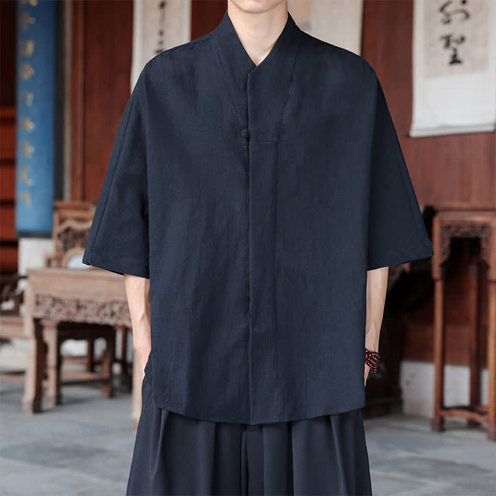 Buddha Stones Frühling/Sommer Tang Style Minimalist Pankou Uni Herrenhemden in Ellbogenlänge - Schwarz - US/ UK/AU46, EU56 (5XL) - image 9