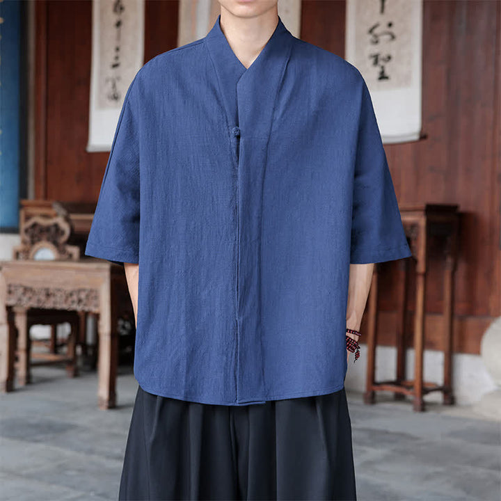 Buddha Stones Frühling/Sommer Tang Style Minimalist Pankou Uni Herrenhemden in Ellbogenlänge - SteelBlue - US/ UK/AU46, EU56 (5XL) - image 0