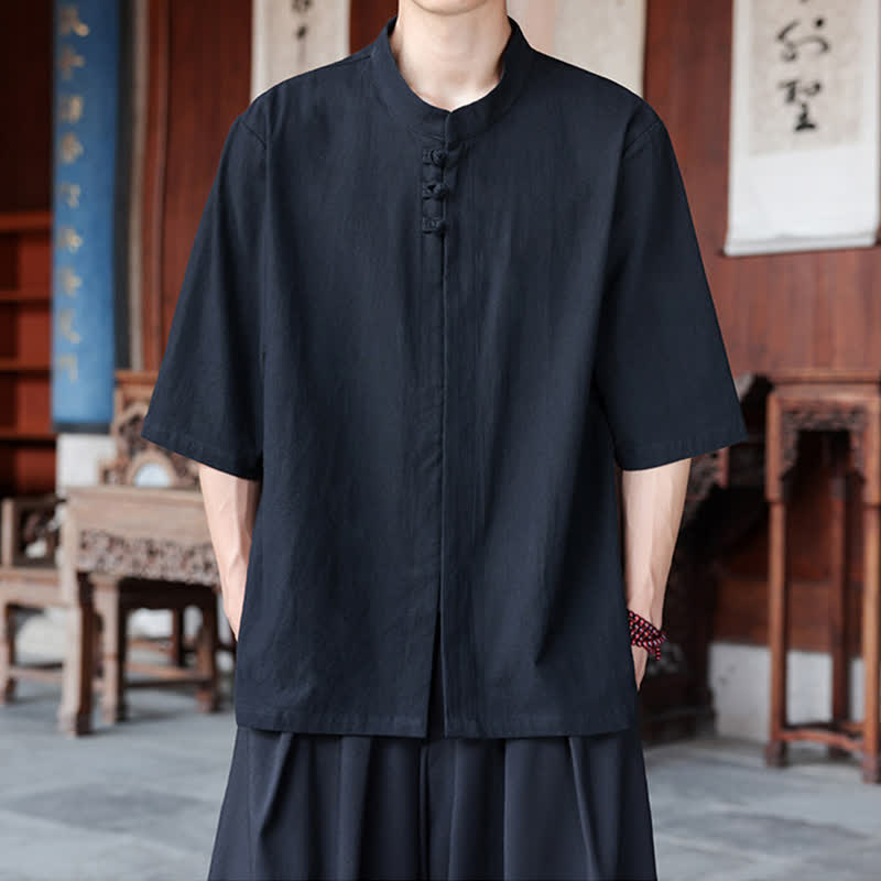 Buddha Stones Lässiges Herrenhemd im Tang-Stil mit Froschknopfverschluss und Ellbogenlänge aus Baumwoll-Leinen-Mischgewebe für Frühling und Sommer - Schwarz - US/ UK/AU46, EU56 (5XL) - image 9