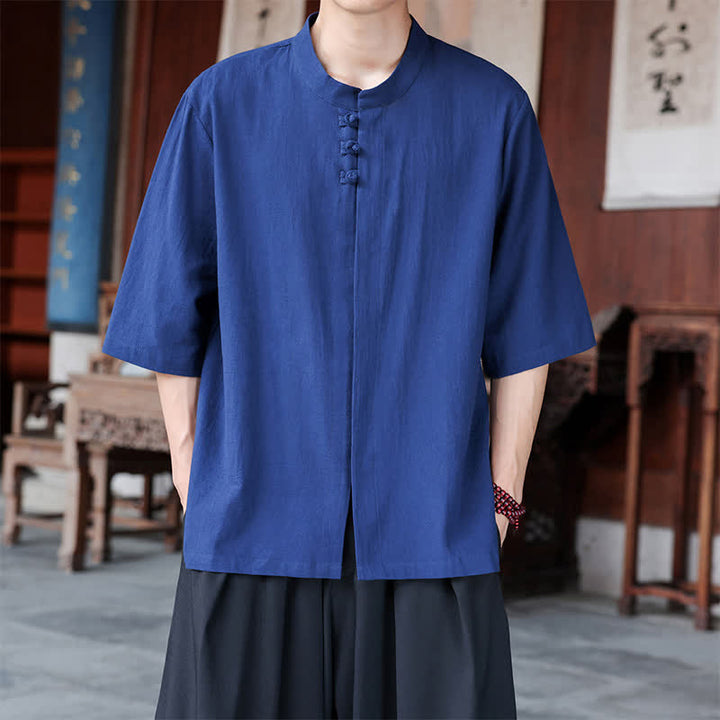 Buddha Stones Lässiges Herrenhemd im Tang-Stil mit Froschknopfverschluss und Ellbogenlänge aus Baumwoll-Leinen-Mischgewebe für Frühling und Sommer - Königsblau - US/ UK/AU46, EU56 (5XL) - image 0