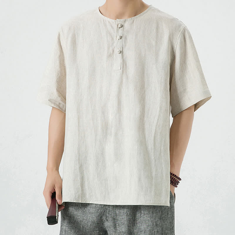 Buddha Stones Lässiges, minimalistisches Kurzarmhemd für Herren, einfarbig, mit Knopfleiste, für Frühling und Sommer - image 1