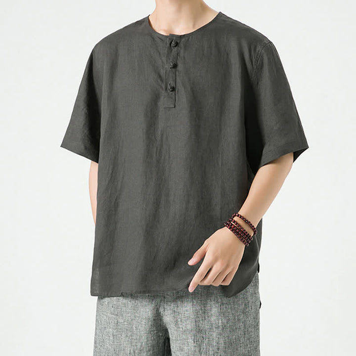 Buddha Stones Lässiges, minimalistisches Kurzarmhemd für Herren, einfarbig, mit Knopfleiste, für Frühling und Sommer - image 19