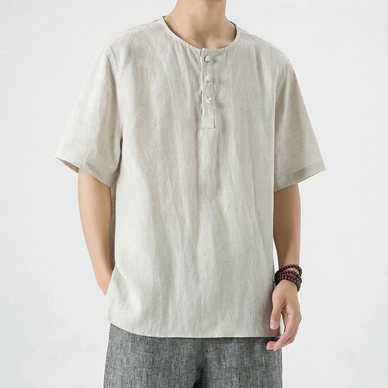Buddha Stones Lässiges, minimalistisches Kurzarmhemd für Herren, einfarbig, mit Knopfleiste, für Frühling und Sommer - Leinen - US/ UK/AU46, EU56 (5XL) - image 0