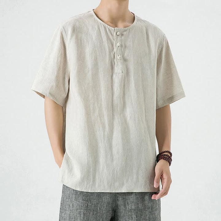 Buddha Stones Lässiges, minimalistisches Kurzarmhemd für Herren, einfarbig, mit Knopfleiste, für Frühling und Sommer - Leinen - US/ UK/AU46, EU56 (5XL) - image 0