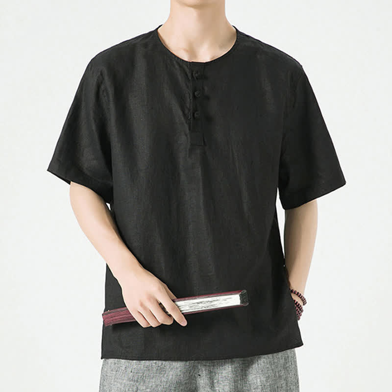 Buddha Stones Lässiges, minimalistisches Kurzarmhemd für Herren, einfarbig, mit Knopfleiste, für Frühling und Sommer - Schwarz - US/ UK/AU46, EU56 (5XL) - image 8