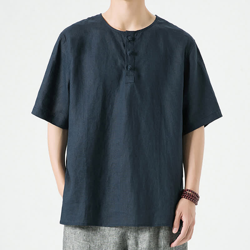 Buddha Stones Lässiges, minimalistisches Kurzarmhemd für Herren, einfarbig, mit Knopfleiste, für Frühling und Sommer - Mitternachtsblau - US/ UK/AU46, EU56 (5XL) - image 21