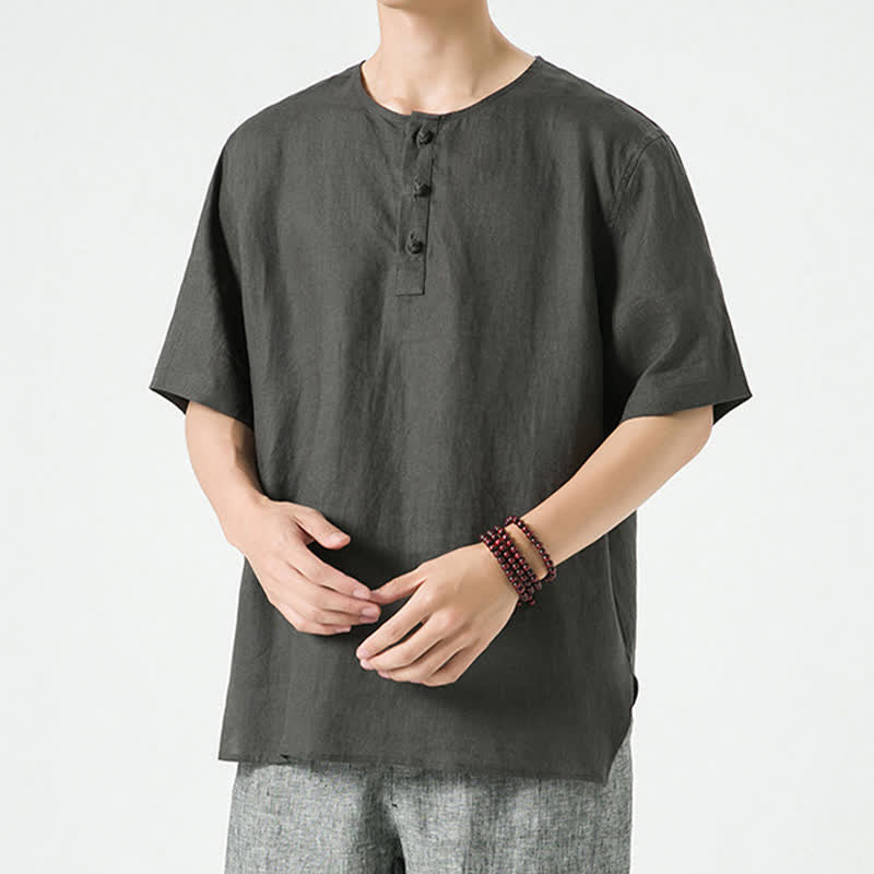 Buddha Stones Lässiges, minimalistisches Kurzarmhemd für Herren, einfarbig, mit Knopfleiste, für Frühling und Sommer - image 18