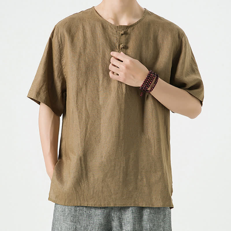 Buddha Stones Lässiges, minimalistisches Kurzarmhemd für Herren, einfarbig, mit Knopfleiste, für Frühling und Sommer - image 37