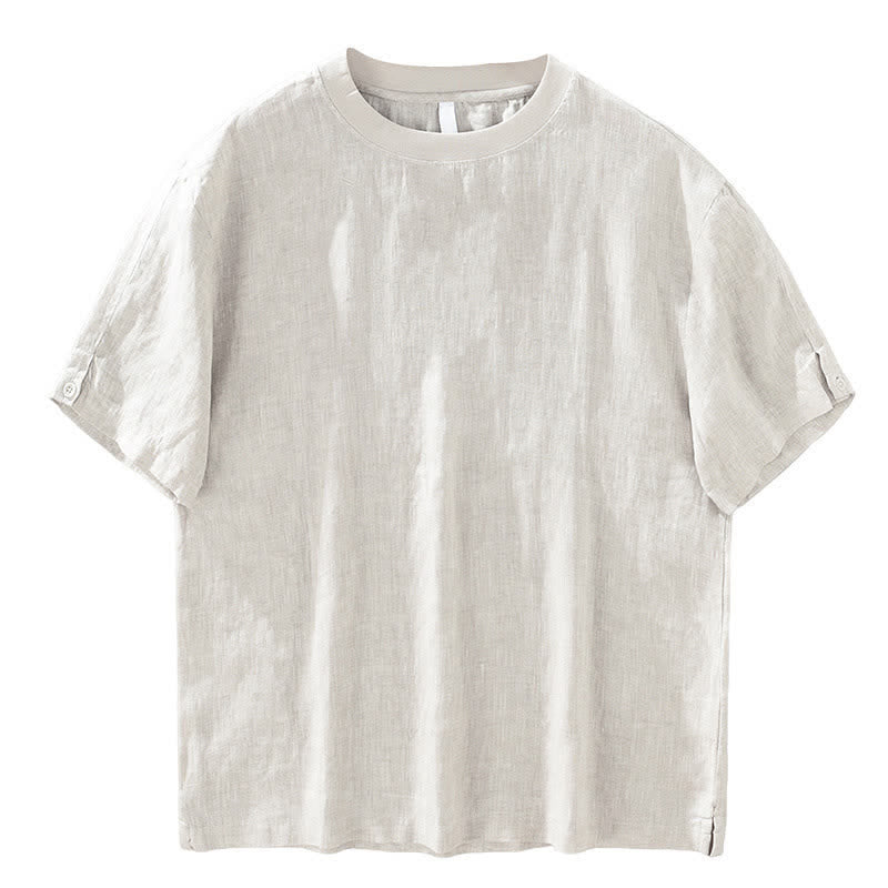 Buddha Stones Sommerliches, lässiges, minimalistisches Herren-T-Shirt aus einfarbigem Leinen mit Rundhalsausschnitt und kurzen Ärmeln - image 3
