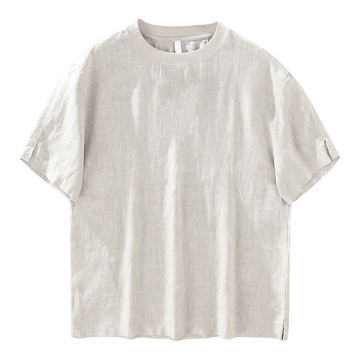 Buddha Stones Sommerliches, lässiges, minimalistisches Herren-T-Shirt aus einfarbigem Leinen mit Rundhalsausschnitt und kurzen Ärmeln - image 3