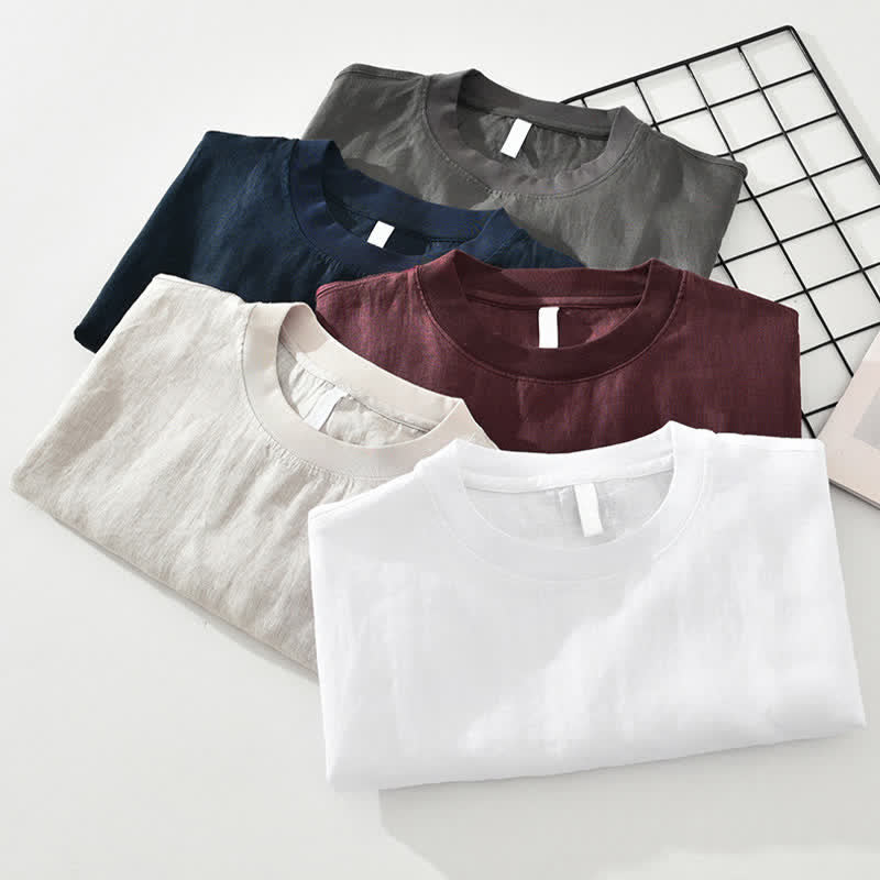Buddha Stones Sommerliches, lässiges, minimalistisches Herren-T-Shirt aus einfarbigem Leinen mit Rundhalsausschnitt und kurzen Ärmeln - image 15