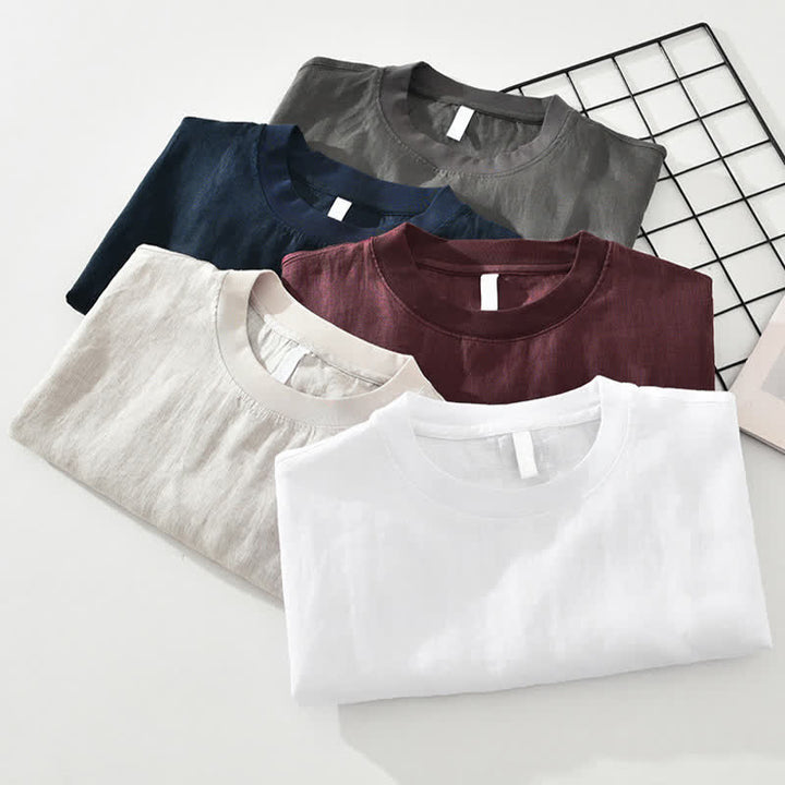 Buddha Stones Sommerliches, lässiges, minimalistisches Herren-T-Shirt aus einfarbigem Leinen mit Rundhalsausschnitt und kurzen Ärmeln - image 15