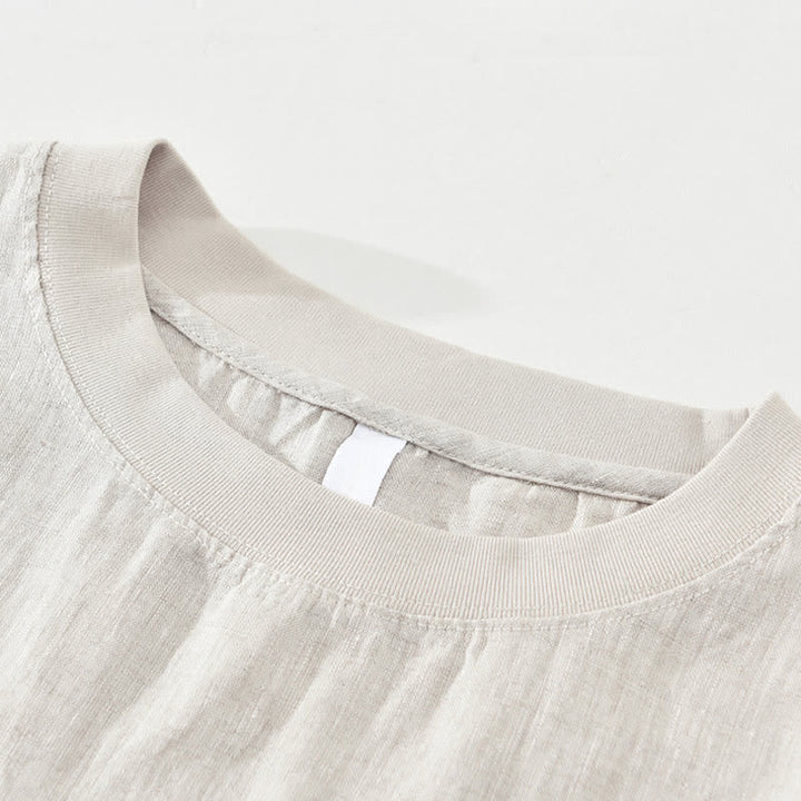 Buddha Stones Sommerliches, lässiges, minimalistisches Herren-T-Shirt aus einfarbigem Leinen mit Rundhalsausschnitt und kurzen Ärmeln - image 4