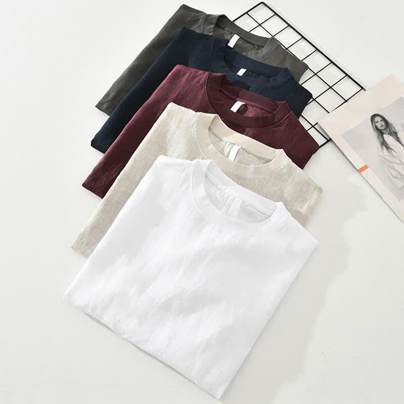 Buddha Stones Sommerliches, lässiges, minimalistisches Herren-T-Shirt aus einfarbigem Leinen mit Rundhalsausschnitt und kurzen Ärmeln - image 16