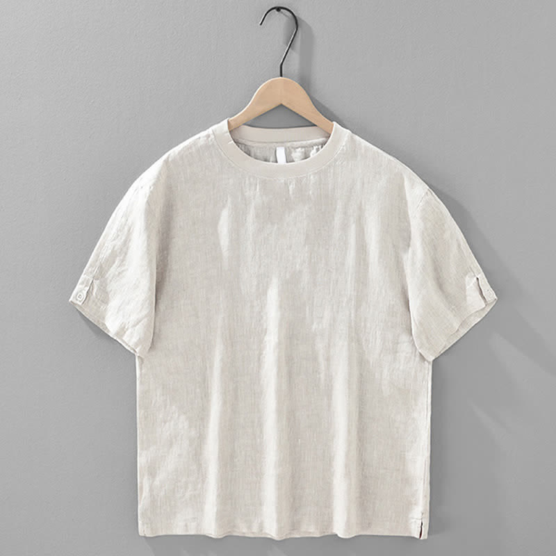 Buddha Stones Sommerliches, lässiges, minimalistisches Herren-T-Shirt aus einfarbigem Leinen mit Rundhalsausschnitt und kurzen Ärmeln - image 1
