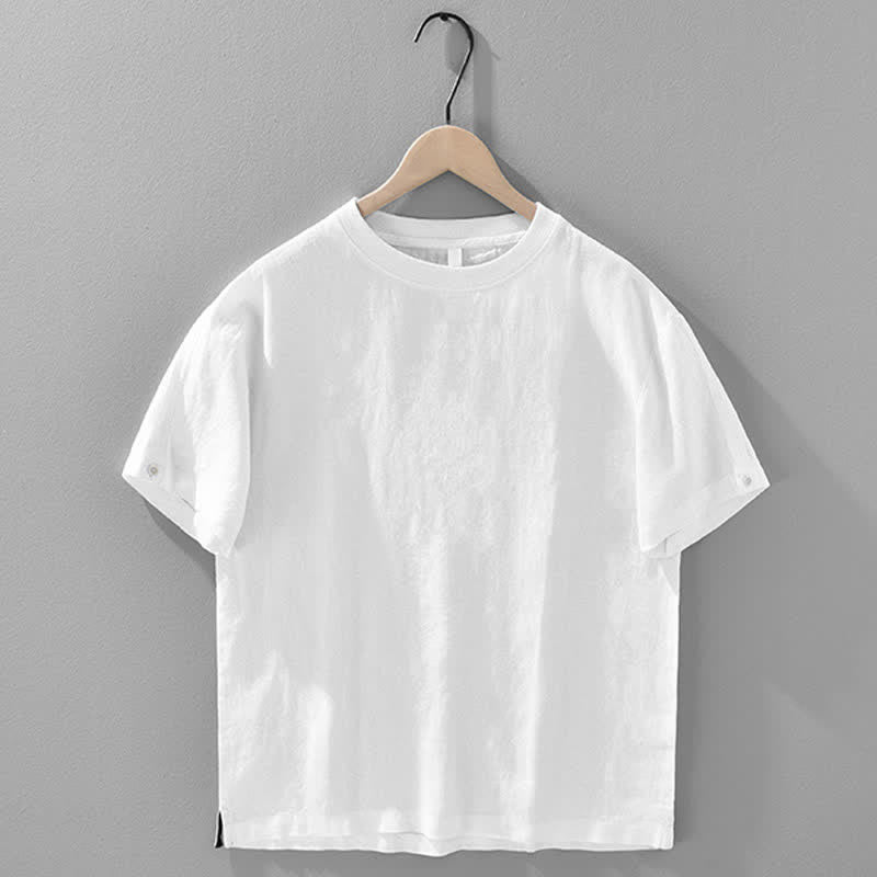 Buddha Stones Sommerliches, lässiges, minimalistisches Herren-T-Shirt aus einfarbigem Leinen mit Rundhalsausschnitt und kurzen Ärmeln - Weiß - US/ UK/AU42, EU52 (3XL) - image 14