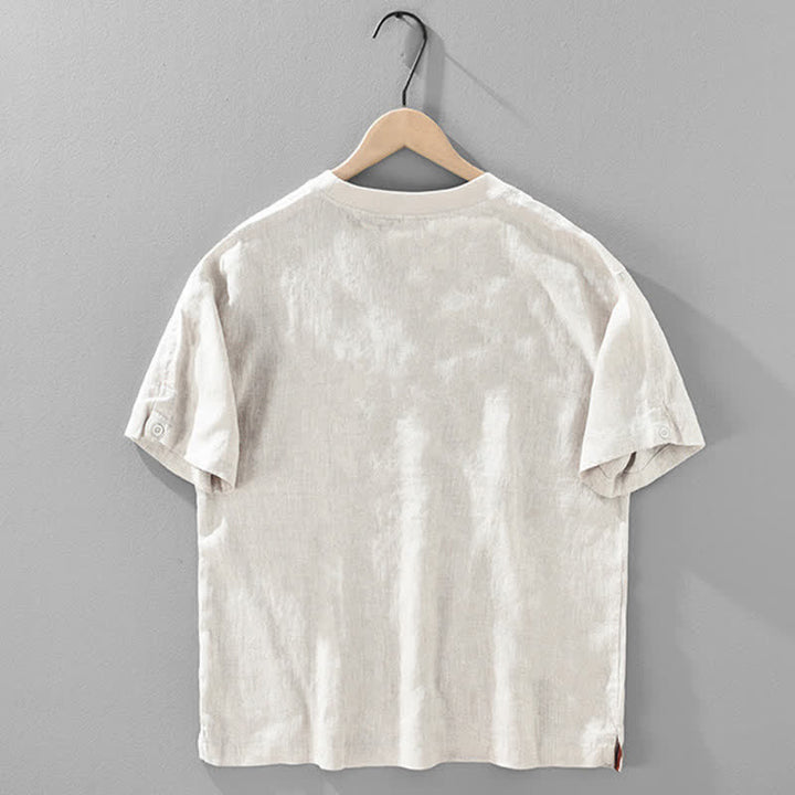 Buddha Stones Sommerliches, lässiges, minimalistisches Herren-T-Shirt aus einfarbigem Leinen mit Rundhalsausschnitt und kurzen Ärmeln - image 2