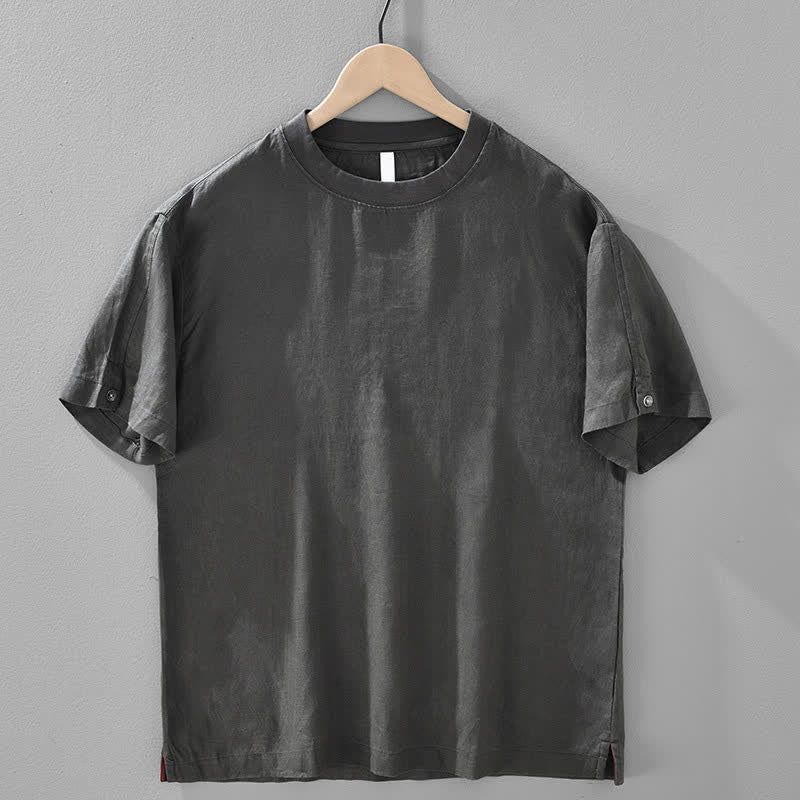 Buddha Stones Sommerliches, lässiges, minimalistisches Herren-T-Shirt aus einfarbigem Leinen mit Rundhalsausschnitt und kurzen Ärmeln - DimGray - US/ UK/AU42, EU52 (3XL) - image 12
