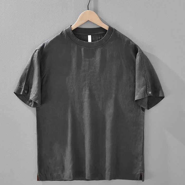 Buddha Stones Sommerliches, lässiges, minimalistisches Herren-T-Shirt aus einfarbigem Leinen mit Rundhalsausschnitt und kurzen Ärmeln - DimGray - US/ UK/AU42, EU52 (3XL) - image 12