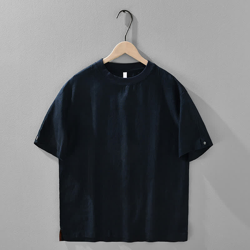 Buddha Stones Sommerliches, lässiges, minimalistisches Herren-T-Shirt aus einfarbigem Leinen mit Rundhalsausschnitt und kurzen Ärmeln - Mitternachtsblau - US/ UK/AU42, EU52 (3XL) - image 11