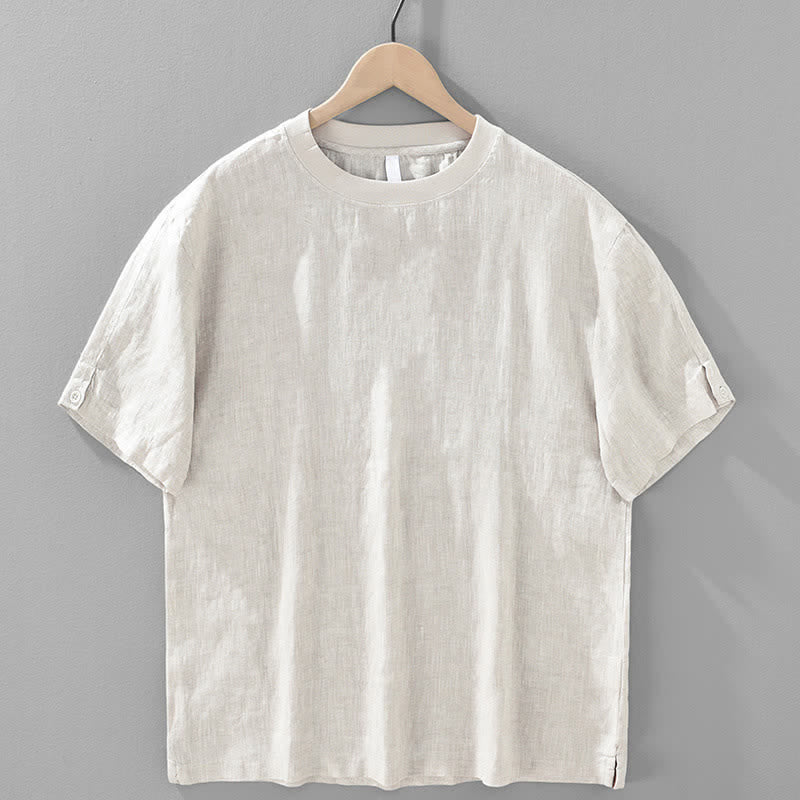 Buddha Stones Sommerliches, lässiges, minimalistisches Herren-T-Shirt aus einfarbigem Leinen mit Rundhalsausschnitt und kurzen Ärmeln - Leinen - US/ UK/AU42, EU52 (3XL) - image 0