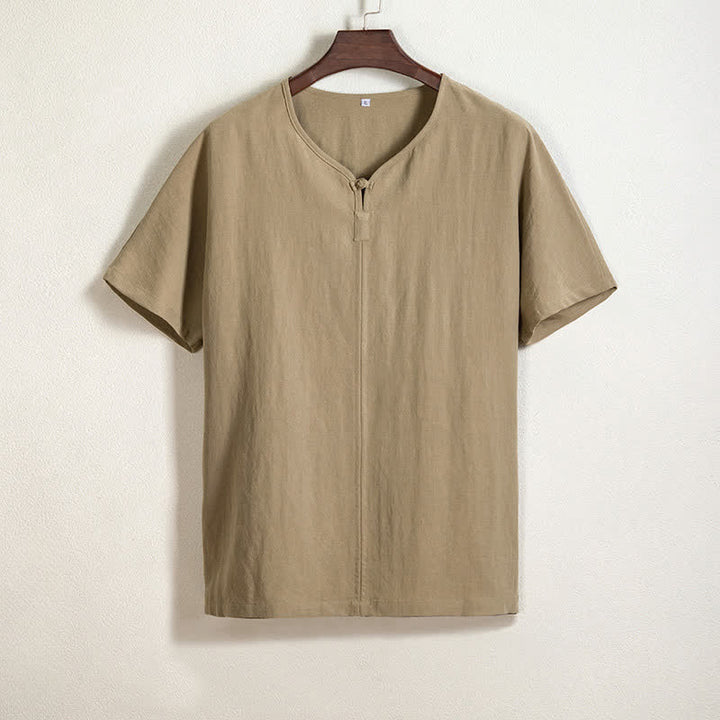Buddha Stones Lässiges Sommerhemd im Tang-Stil mit V-Ausschnitt, einfarbig, Kurzarm, für Herren - Bräunen - US/ UK/AU44, EU54 (4XL) - image 0