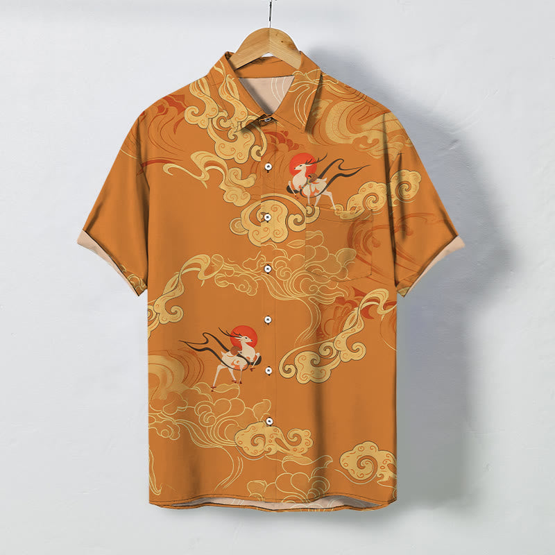 Buddha Stones Atmungsaktives Herren-Kurzarmhemd mit Kranichmuster und Glückswolkenmotiv - Peru - US/ UK/AU48, EU58 (4XL) - image 0