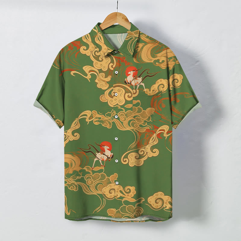 Buddha Stones Atmungsaktives Herren-Kurzarmhemd mit Kranichmuster und Glückswolkenmotiv - Olivgrün - US/ UK/AU48, EU58 (4XL) - image 5