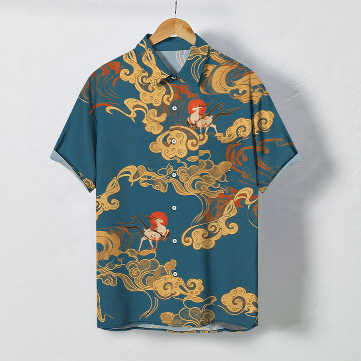Buddha Stones Atmungsaktives Herren-Kurzarmhemd mit Kranichmuster und Glückswolkenmotiv - Türkis - US/ UK/AU48, EU58 (4XL) - image 7