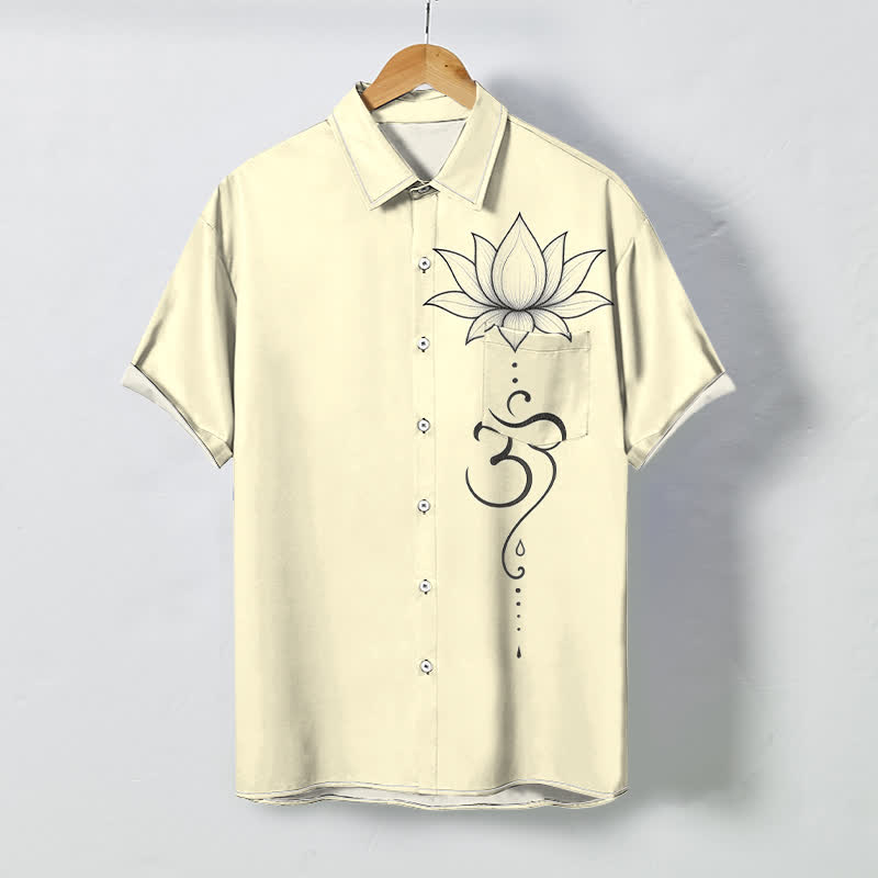 Buddha Stones Atmungsaktives Herren-Kurzarmhemd mit Lotus Om-Linienmuster und Knöpfen - Beige - US/ UK/AU48, EU58 (4XL) - image 5