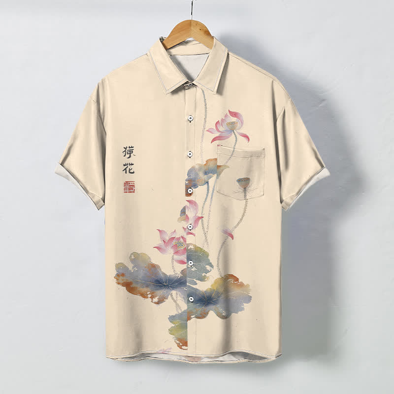 Buddha Stones Atmungsaktives Herren-Kurzarmhemd mit Knöpfen und Lotus-Kalligrafie-Muster - Antikweiß - US/ UK/AU48, EU58 (4XL) - image 3