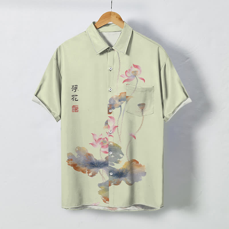 Buddha Stones Atmungsaktives Herren-Kurzarmhemd mit Knöpfen und Lotus-Kalligrafie-Muster - Gelbgrün - US/ UK/AU48, EU58 (4XL) - image 5