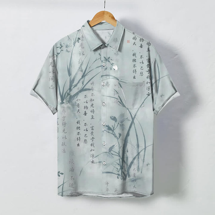 Buddha Stones Atmungsaktives Herren-Kurzarmhemd mit Knöpfen und Bambus-Kalligrafiemuster - Hellstahlblau - US/ UK/AU48, EU58 (4XL) - image 0