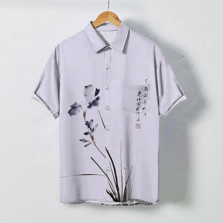 Buddha Stones Atmungsaktives Herren-Kurzarmhemd mit floralem Kalligrafie-Siegelmuster und Knöpfen - Lavendel - US/ UK/AU48, EU58 (4XL) - image 0