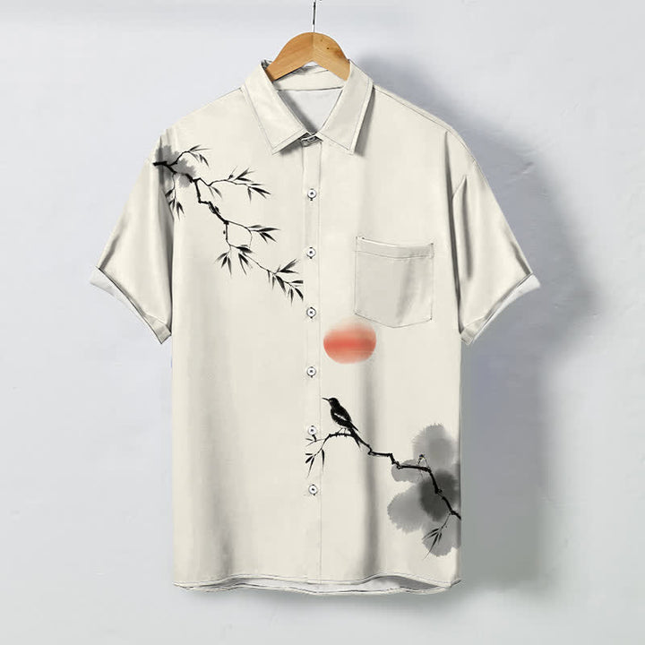 Buddha Stones Kurzarmhemd mit Bambus-, Vogel- und Sonnenmuster, atmungsaktiven Knöpfen und Knöpfen - Elfenbein - US/ UK/AU48, EU58 (4XL) - image 0