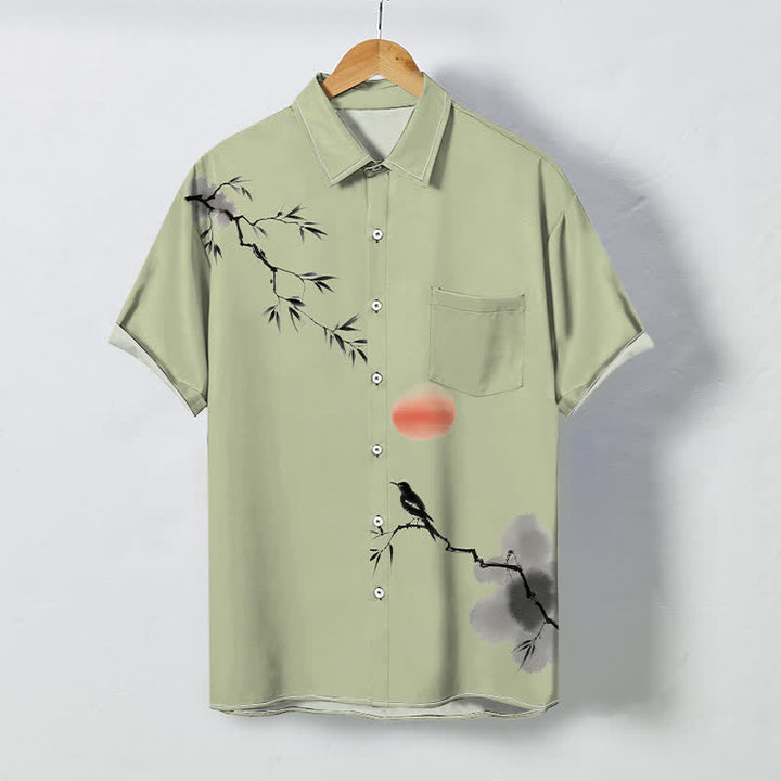 Buddha Stones Kurzarmhemd mit Bambus-, Vogel- und Sonnenmuster, atmungsaktiven Knöpfen und Knöpfen - Dunkelseegrün - US/ UK/AU48, EU58 (4XL) - image 3