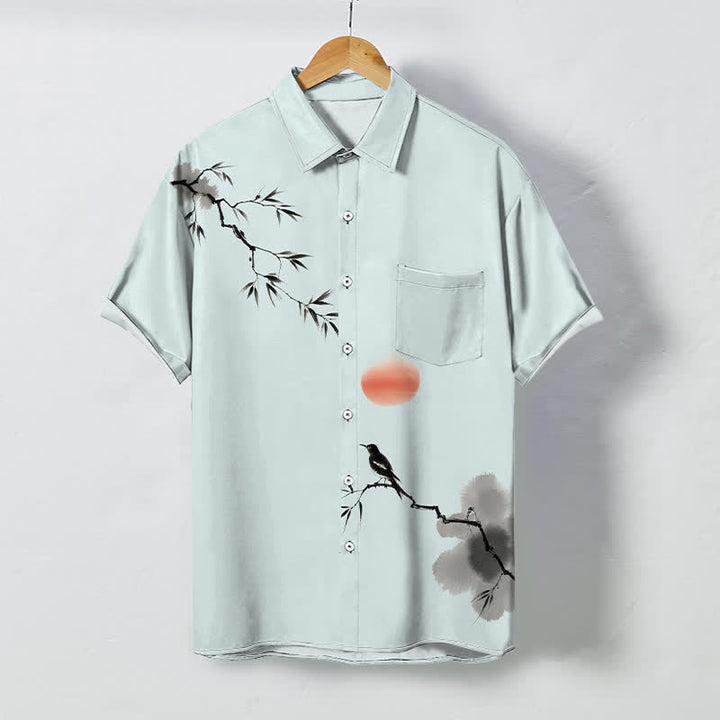 Buddha Stones Kurzarmhemd mit Bambus-, Vogel- und Sonnenmuster, atmungsaktiven Knöpfen und Knöpfen - Hellcyan - US/ UK/AU48, EU58 (4XL) - image 5