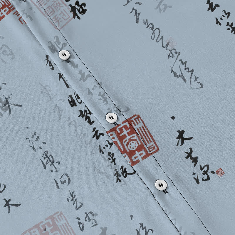 Buddha Stones Atmungsaktives Herren-Kurzarmhemd mit Knöpfen und rotem Siegelmuster in chinesischer Kalligrafie - image 3