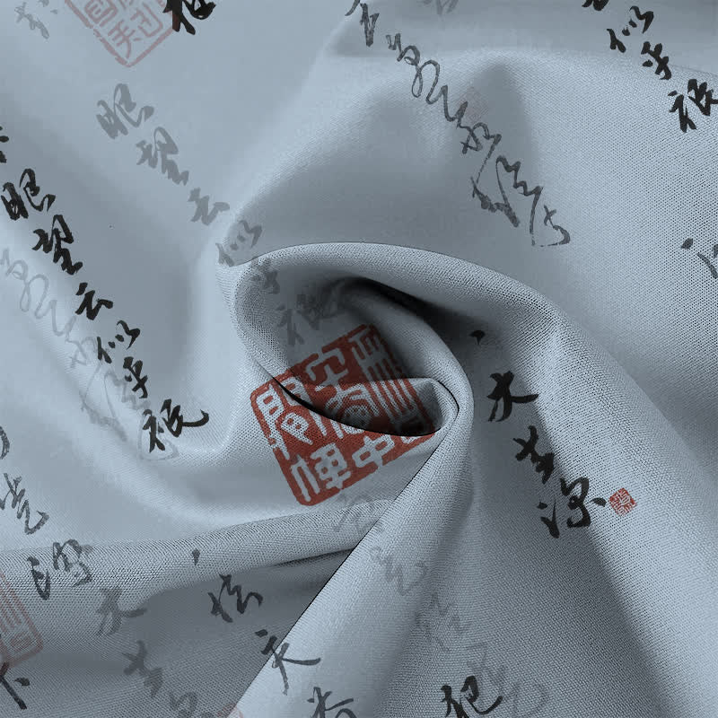 Buddha Stones Atmungsaktives Herren-Kurzarmhemd mit Knöpfen und rotem Siegelmuster in chinesischer Kalligrafie - image 4