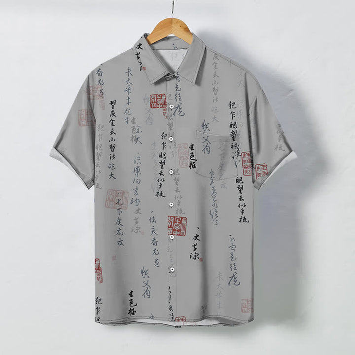 Buddha Stones Atmungsaktives Herren-Kurzarmhemd mit Knöpfen und rotem Siegelmuster in chinesischer Kalligrafie - Silber - US/ UK/AU48, EU58 (4XL) - image 5