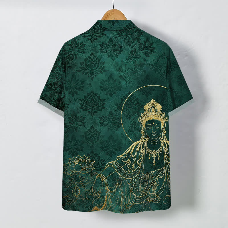 Buddha Stones Vintage Herren-Kurzarmhemd mit botanischem Lotusmotivmuster, Knöpfen und knitterfreiem Material - image 1