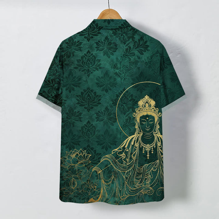 Buddha Stones Vintage Herren-Kurzarmhemd mit botanischem Lotusmotivmuster, Knöpfen und knitterfreiem Material - image 1