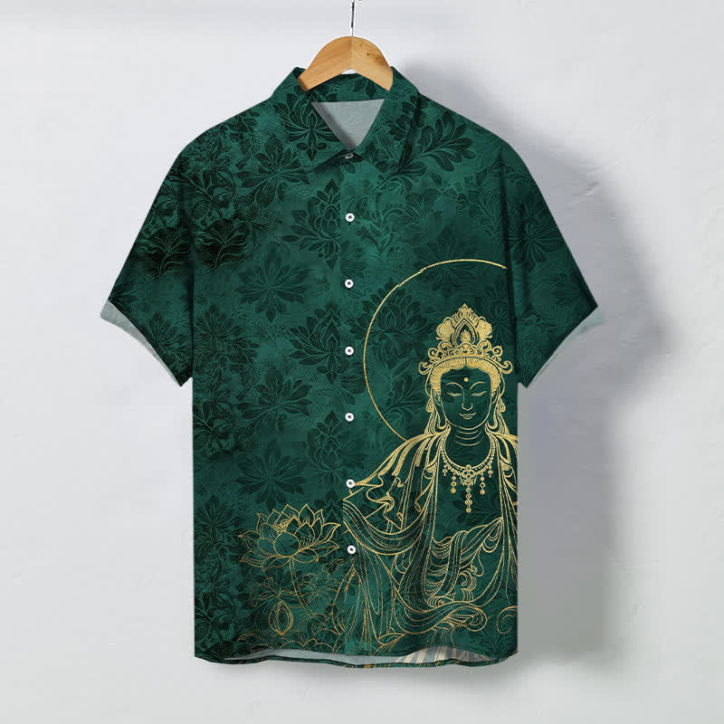 Buddha Stones Vintage Herren-Kurzarmhemd mit botanischem Lotusmotivmuster, Knöpfen und knitterfreiem Material - Dunkelgrün - US/ UK/AU48, EU58 (4XL) - image 0