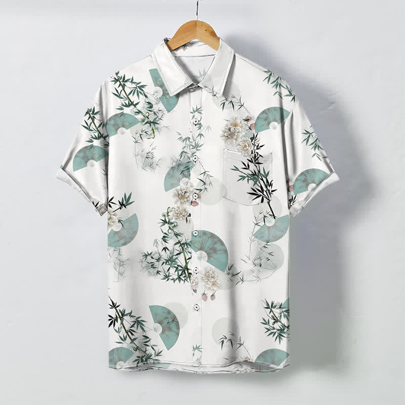 Buddha Stones Atmungsaktives Herren-Kurzarmhemd mit Fächerdesign, Bambusblütenmuster und Knöpfen in Mint-Tönen - Weiß - US/ UK/AU48, EU58 (4XL) - image 0