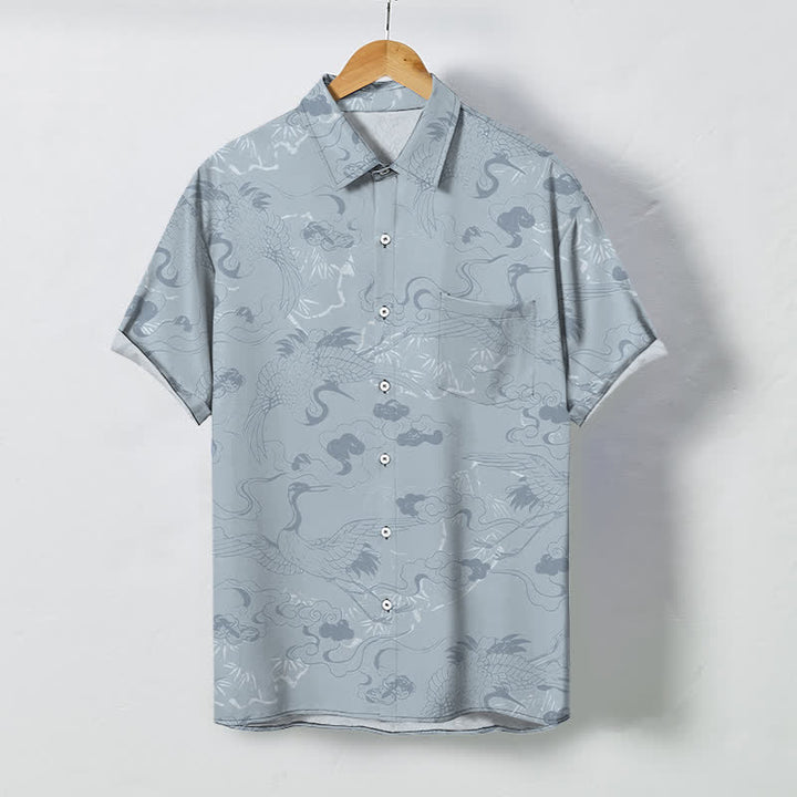 Buddha Stones Atmungsaktives Herren-Kurzarmhemd mit Wolkenkranichmuster und Knöpfen - Hellstahlblau - US/ UK/AU48, EU58 (4XL) - image 0